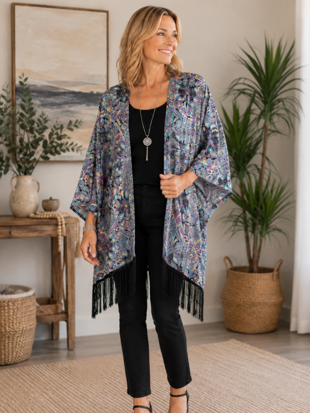Purple Boho Paisley Fringe Kimono Duster M/L